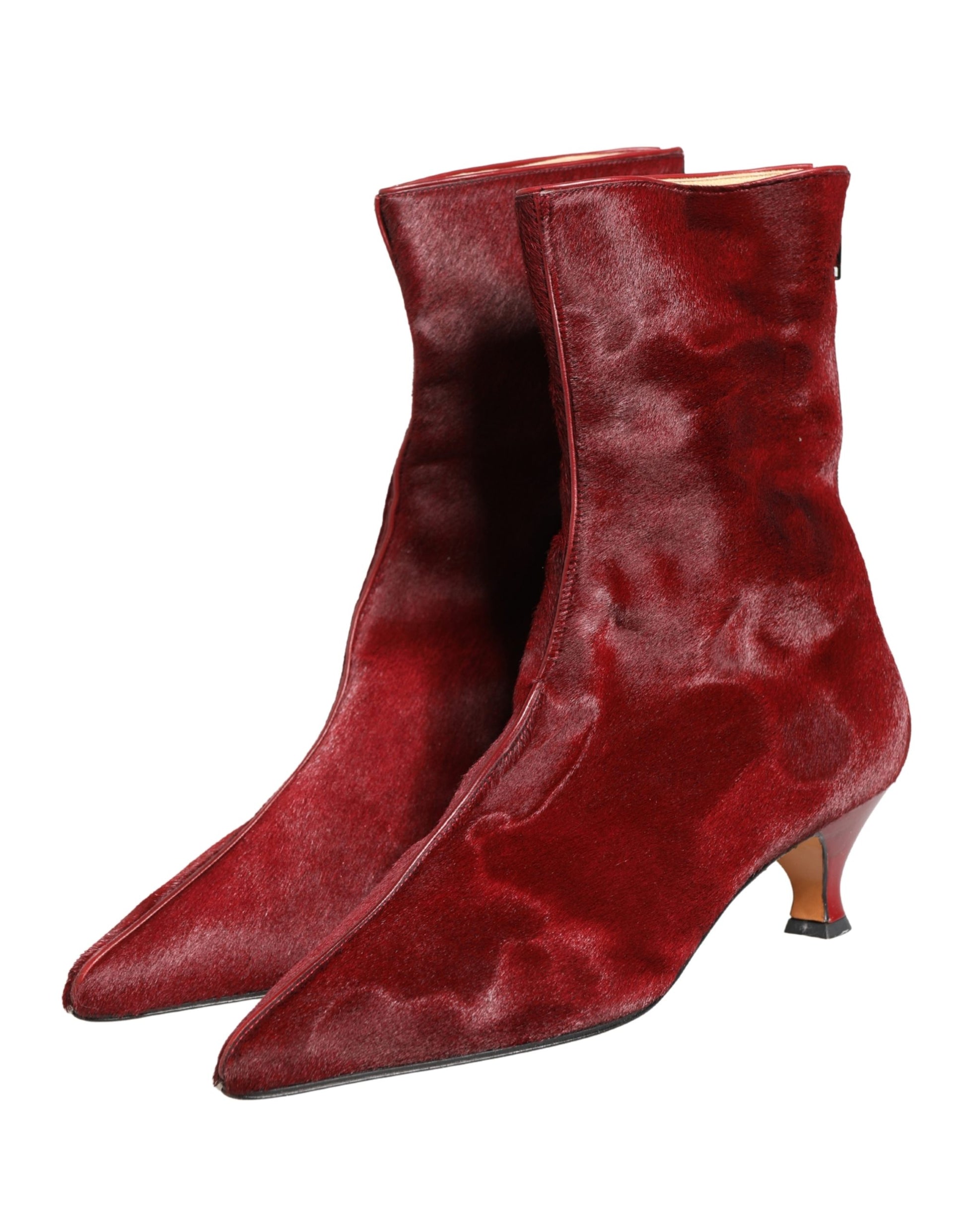 Dolce & Gabbana Burgundy Mid Calf Fur Boots