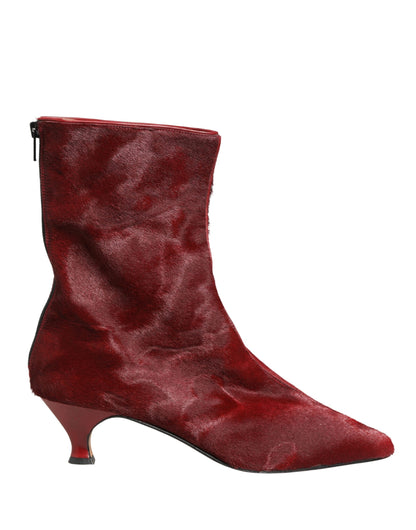 Dolce & Gabbana Burgundy Mid Calf Fur Boots