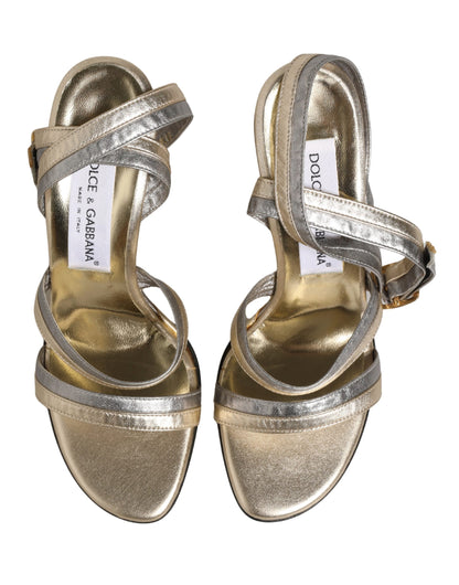 Dolce & Gabbana Gold Silver Leather Wedge Heels Sandals