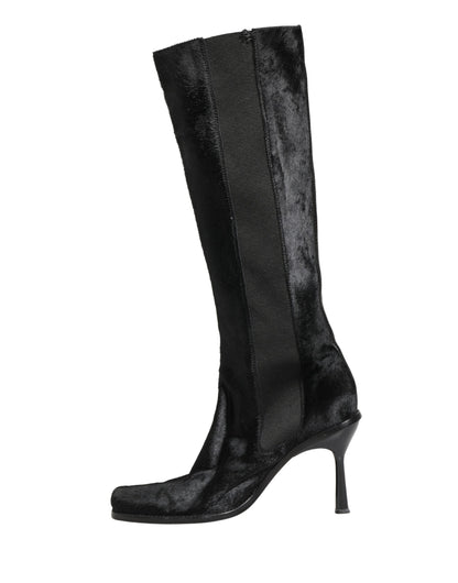 Dolce & Gabbana Black Suede Leather Knee High Boots Shoes