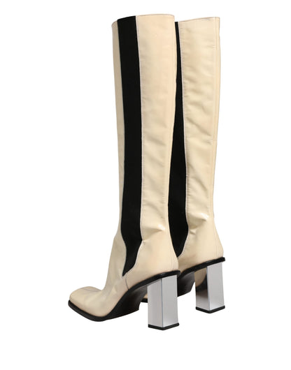 Dolce & Gabbana White Black Leather Knee High Boots Shoes