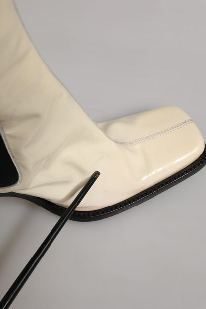 Dolce & Gabbana White Black Leather Knee High Boots Shoes