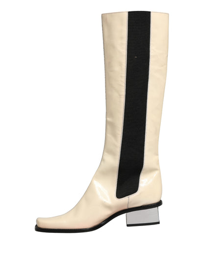 Dolce & Gabbana White Black Leather Knee High Boots Shoes