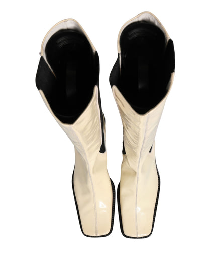 Dolce & Gabbana White Black Leather Knee High Boots Shoes