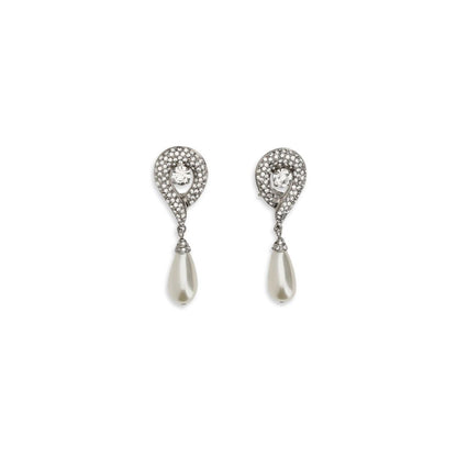 Alessandra Rich Silver Brass Crystal Earrings with Pearl Pendants