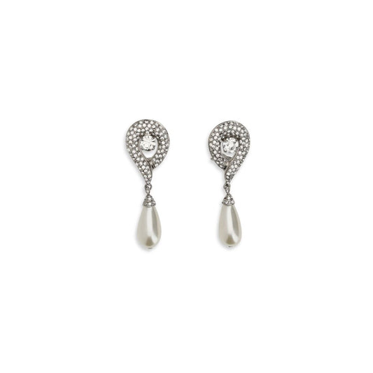 Alessandra Rich Silver Brass Crystal Earrings with Pearl Pendants