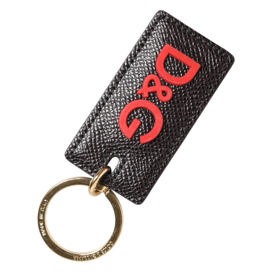 Dolce & Gabbana Black Calf Leather Logo Metal Ring Keychain