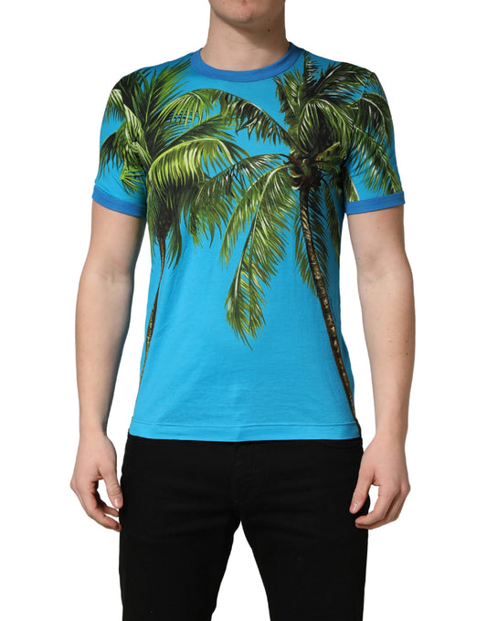 Dolce & Gabbana Blue Palm Tree Print Cotton Crew Neck T-shirt