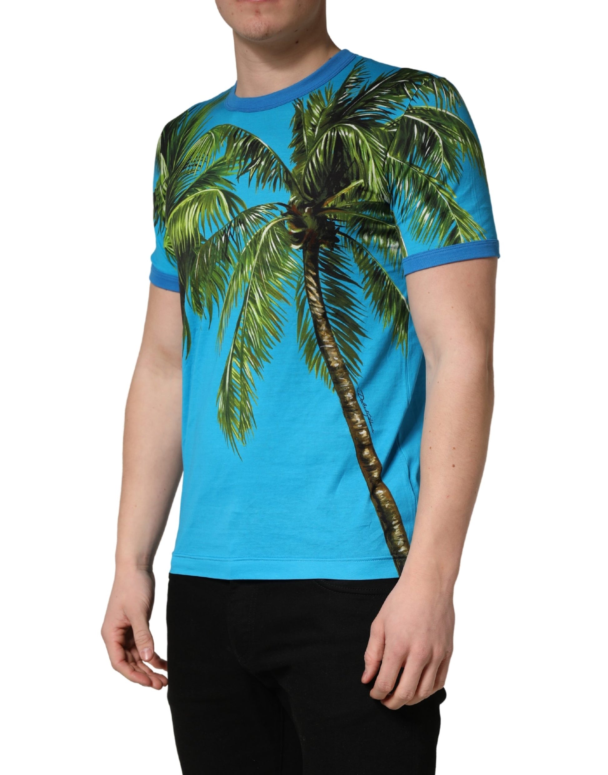 Dolce & Gabbana Blue Palm Tree Print Cotton Crew Neck T-shirt