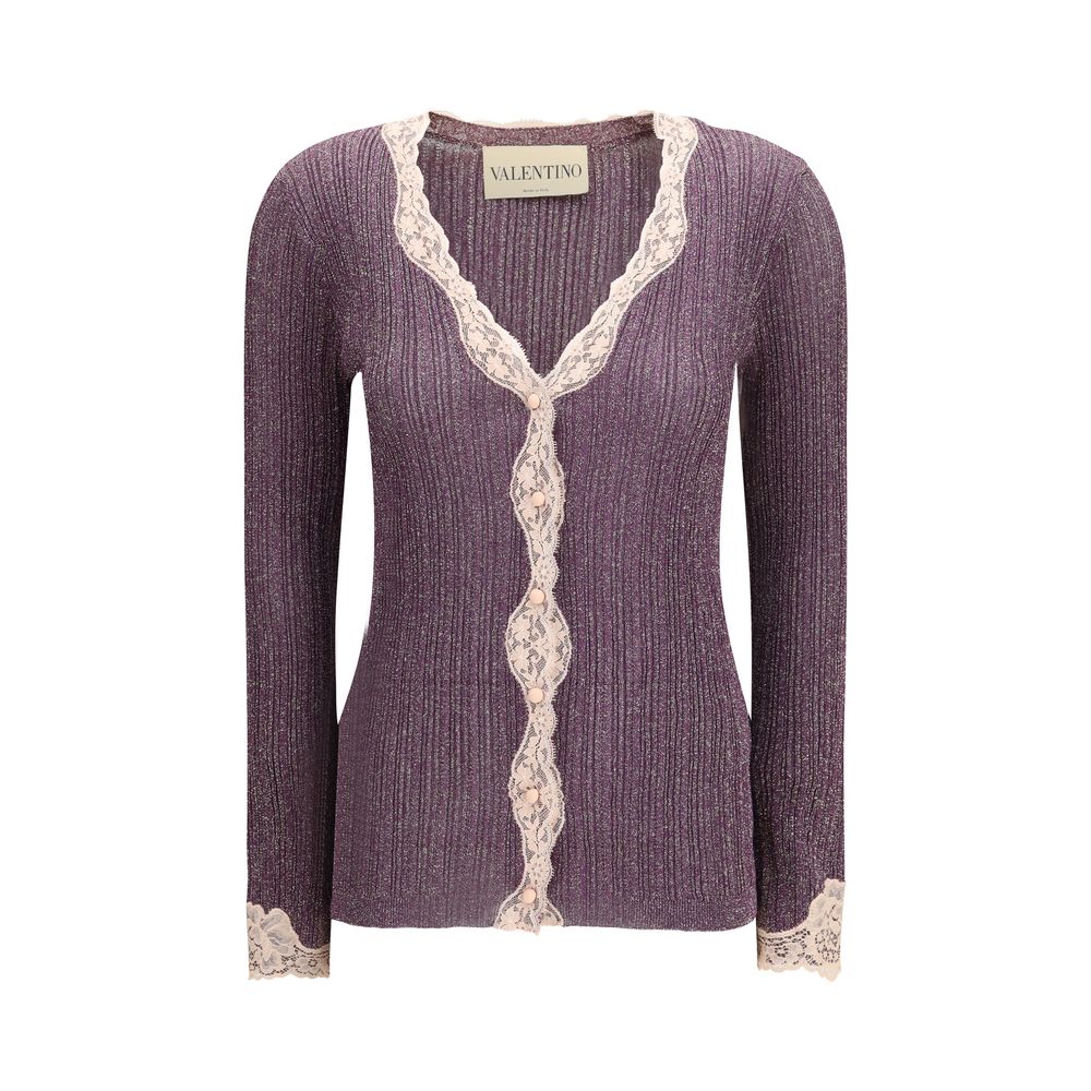Valentino Metallic Purple Lurex Knit Lace-Trimmed Cardigan