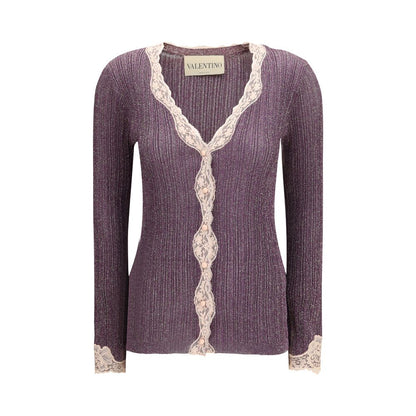 Valentino Metallic Purple Lurex Knit Lace-Trimmed Cardigan