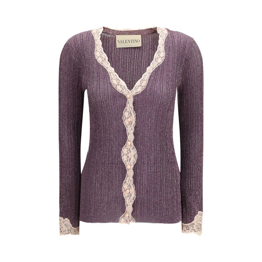 Valentino Metallic Purple Lurex Knit Lace-Trimmed Cardigan