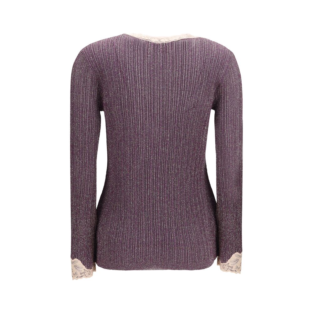 Valentino Metallic Purple Lurex Knit Lace-Trimmed Cardigan
