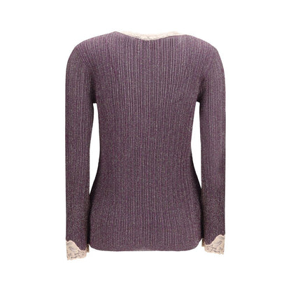 Valentino Metallic Purple Lurex Knit Lace-Trimmed Cardigan