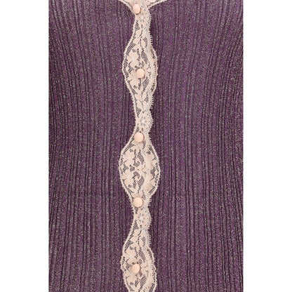 Valentino Metallic Purple Lurex Knit Lace-Trimmed Cardigan