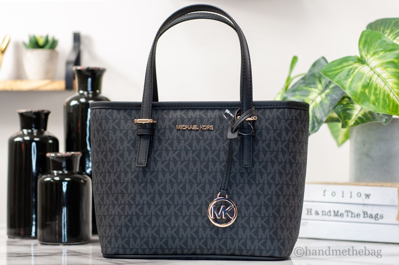 Michael Kors XS Carry All Jet Set Travel Women’s Tote in Black Signature with Gold Accents