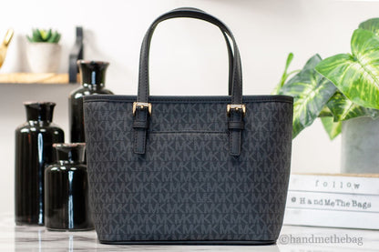 Michael Kors XS Carry All Jet Set Travel Women’s Tote in Black Signature with Gold Accents