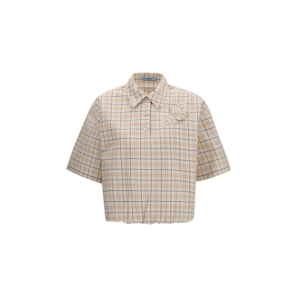 Prada Beige Floral Embroidered Checked Poplin Top