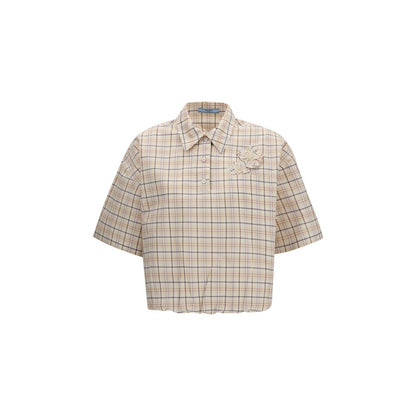Prada Beige Floral Embroidered Checked Poplin Top