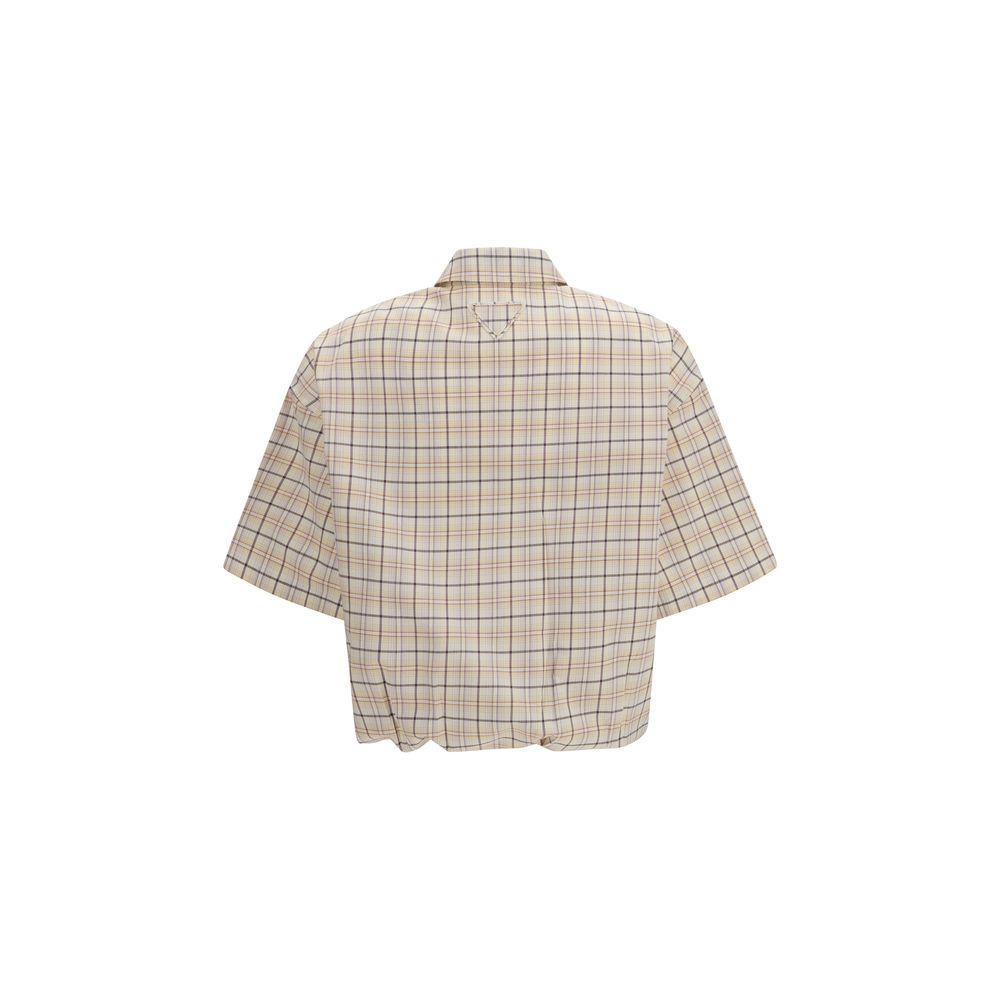 Prada Beige Floral Embroidered Checked Poplin Top