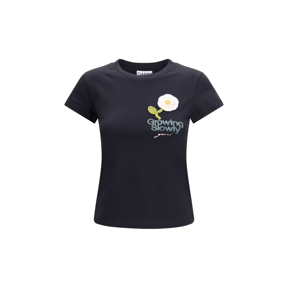 Ganni Black Cotton T-Shirt with Embroidery