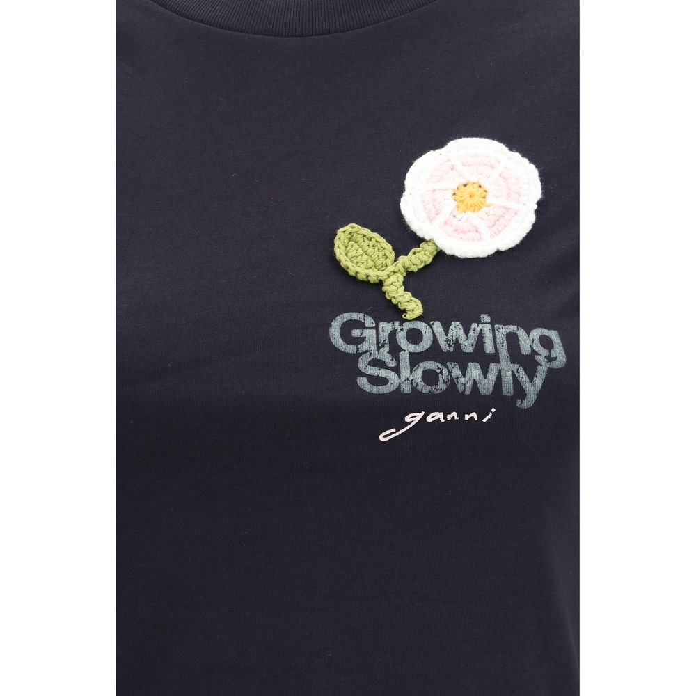 Ganni Black Cotton T-Shirt with Embroidery