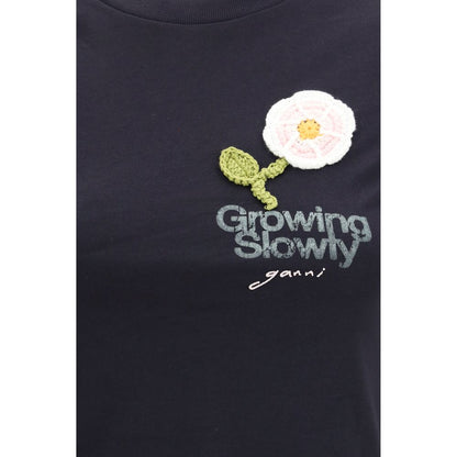 Ganni Black Cotton T-Shirt with Embroidery