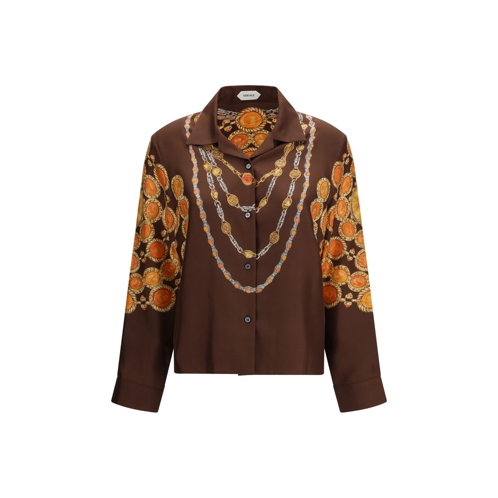 Versace Brown Chain Print Silk Twill Shirt
