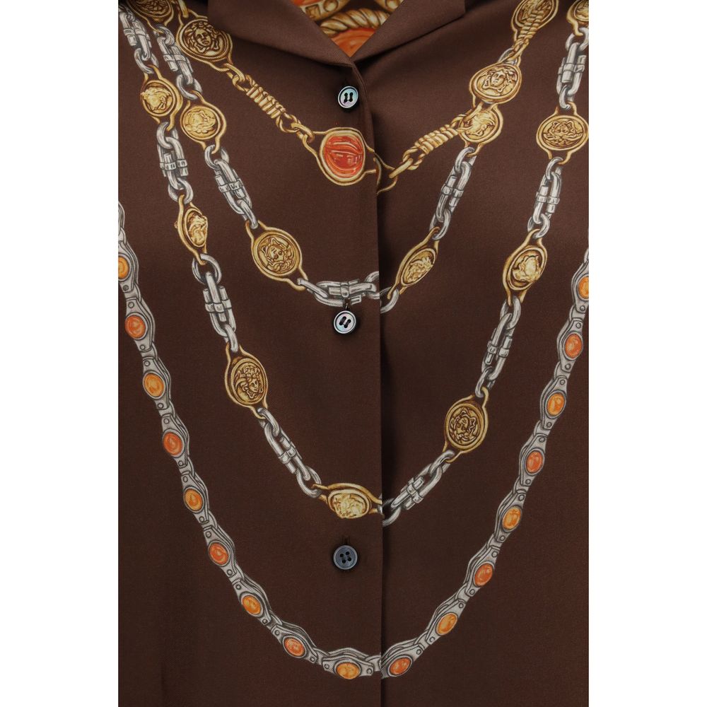 Versace Brown Chain Print Silk Twill Shirt