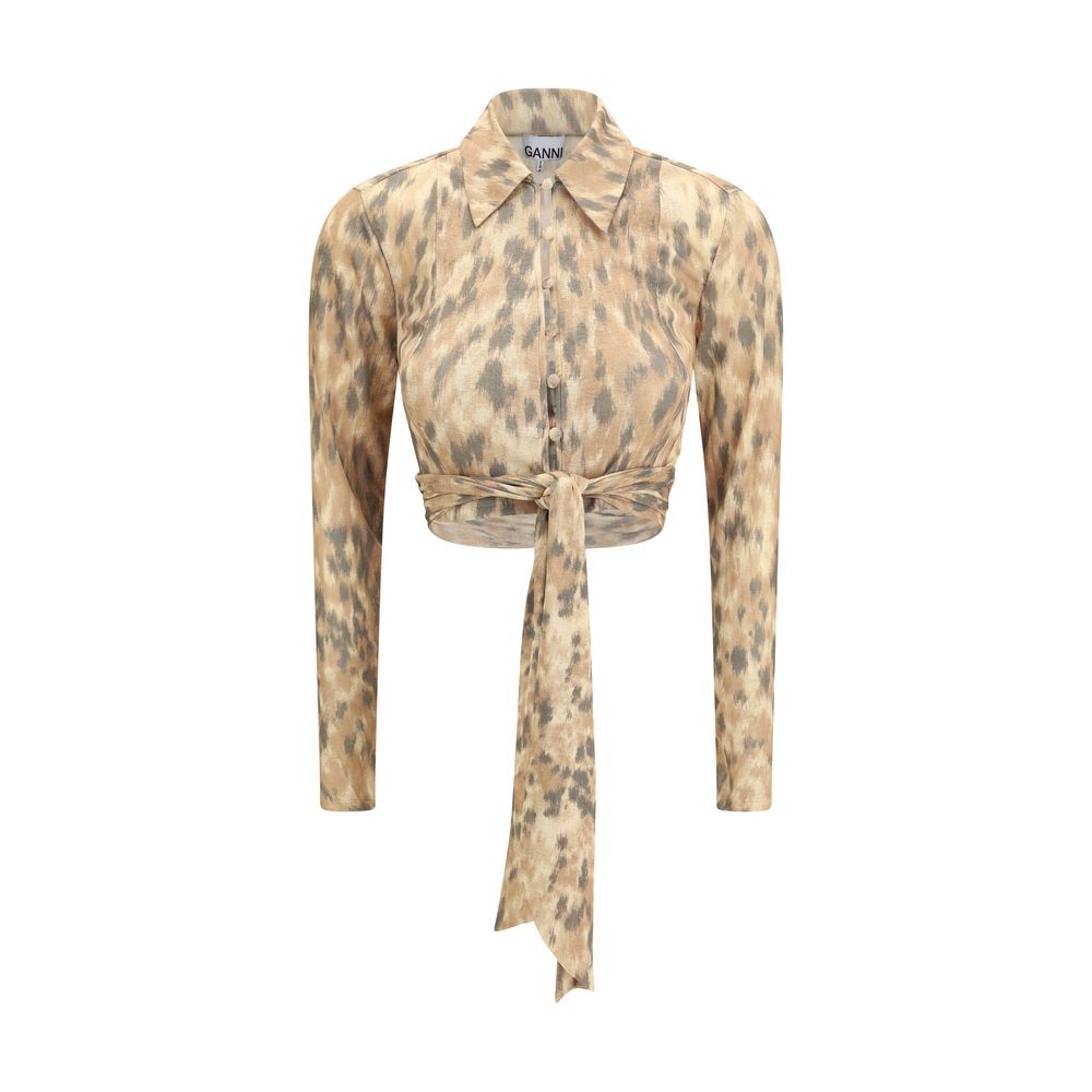Ganni Beige Recycled Polyester Printed Marl Mesh Tie Blouse