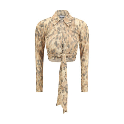 Ganni Beige Recycled Polyester Printed Marl Mesh Tie Blouse