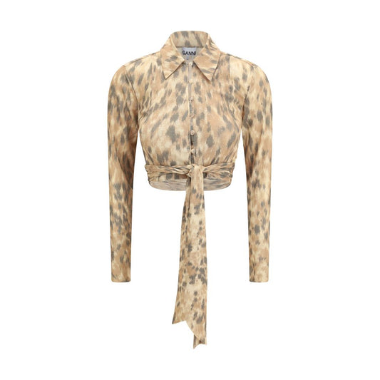 Ganni Beige Recycled Polyester Printed Marl Mesh Tie Blouse