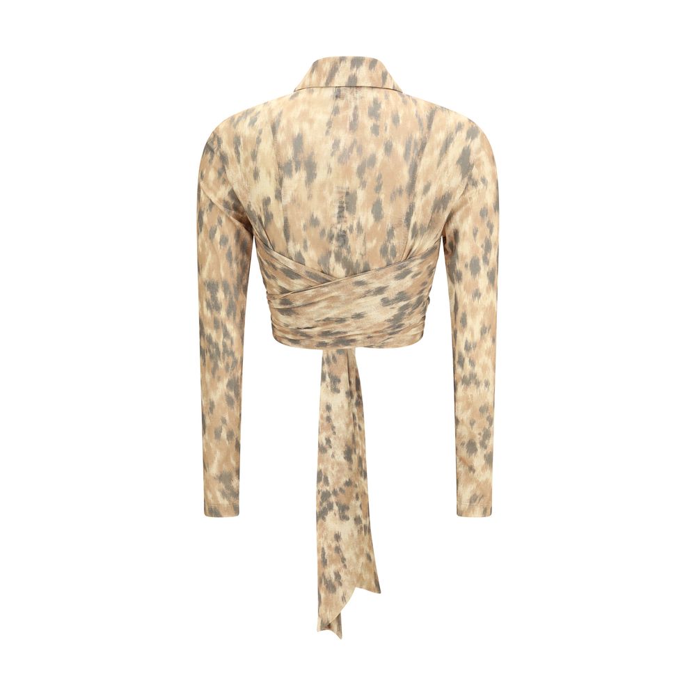 Ganni Beige Recycled Polyester Printed Marl Mesh Tie Blouse