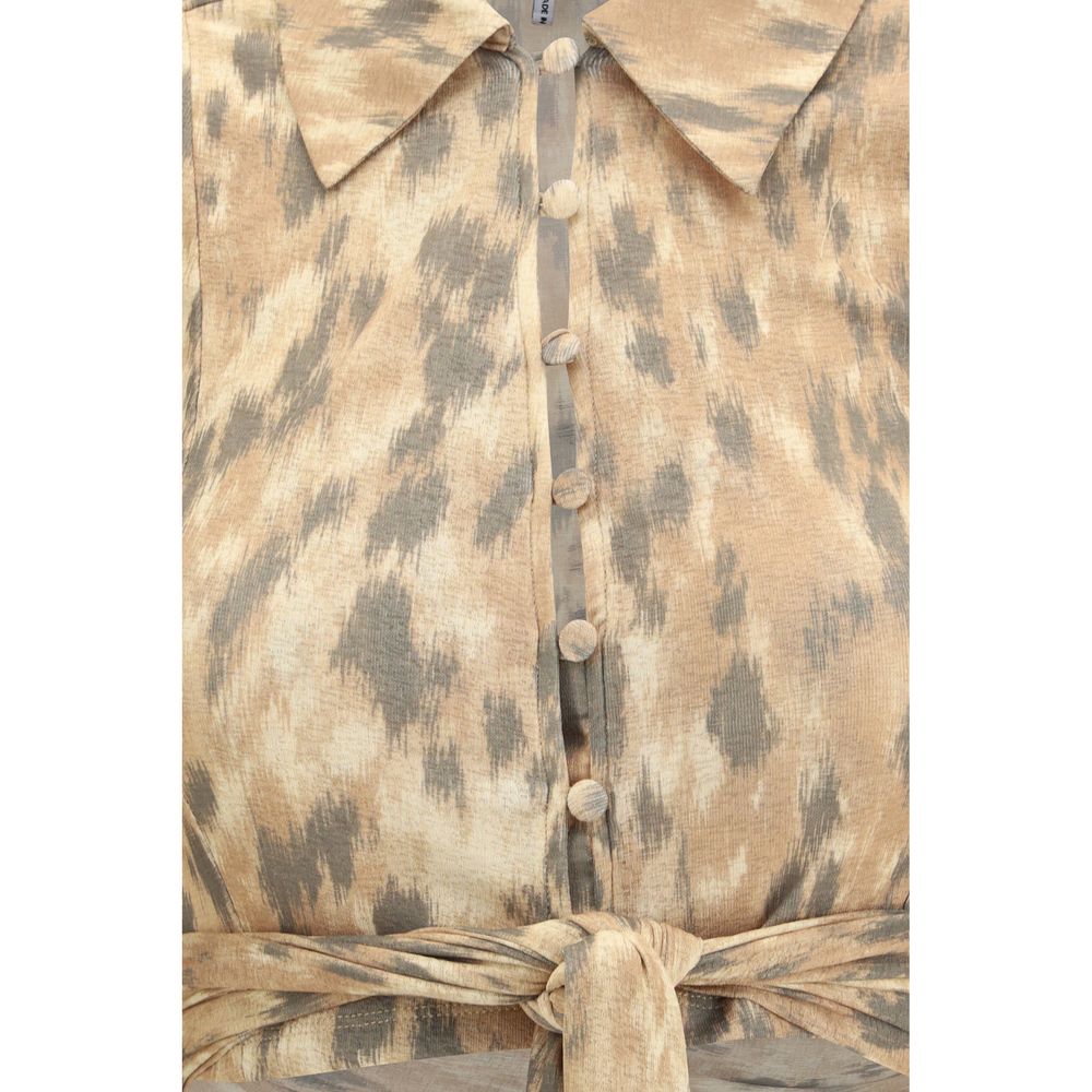Ganni Beige Recycled Polyester Printed Marl Mesh Tie Blouse