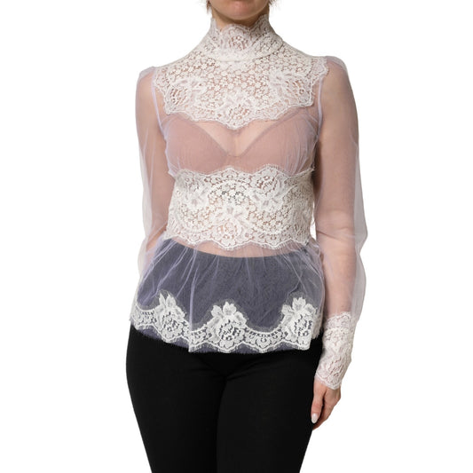 Dolce & Gabbana White Sheer Lace Detail Blouse Top