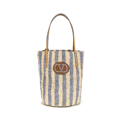 Valentino Garavani Blue Striped Raffia Bucket Bag