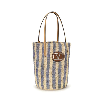 Valentino Garavani Blue Striped Raffia Bucket Bag