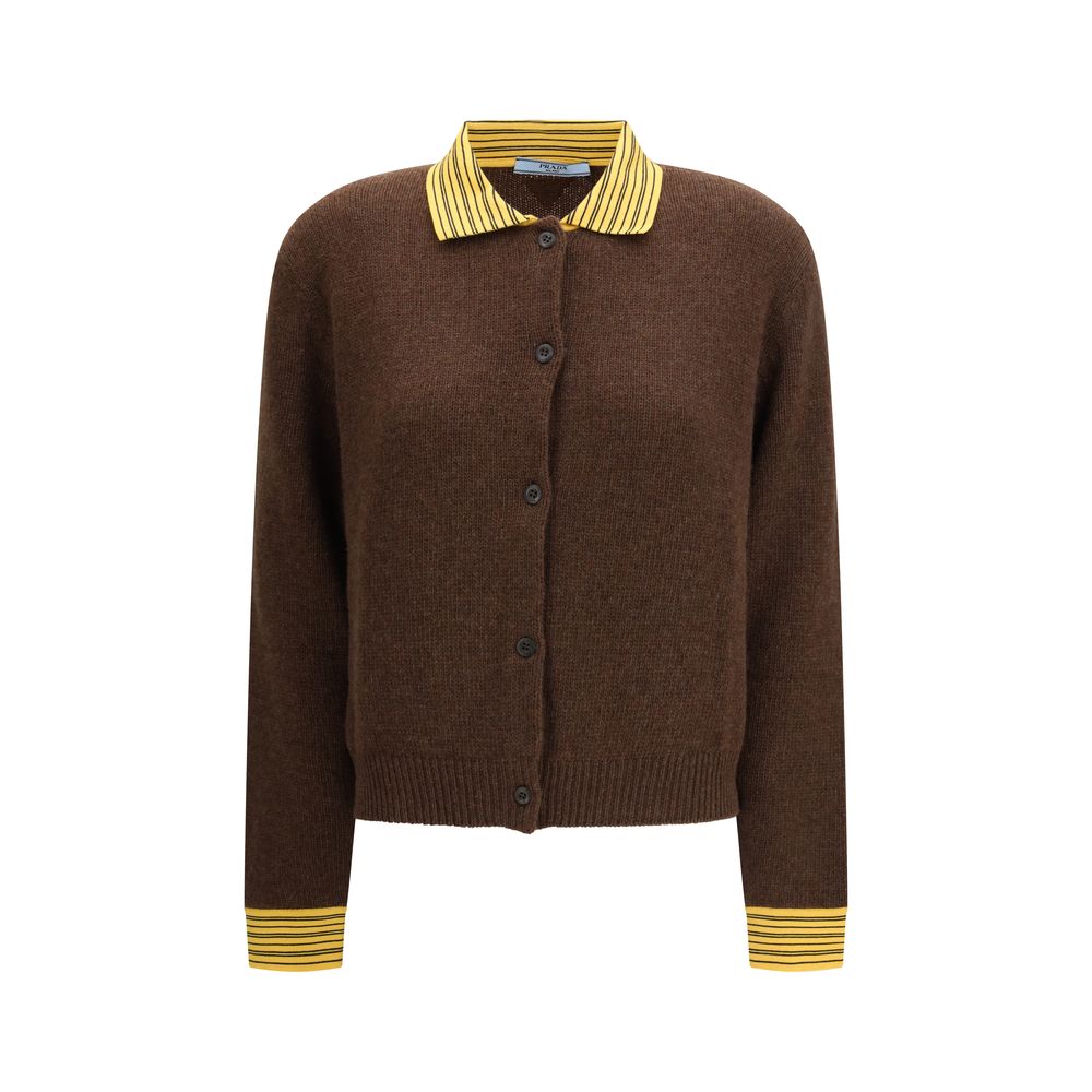 Prada Brown Cashmere Cardigan with Contrast Stripes