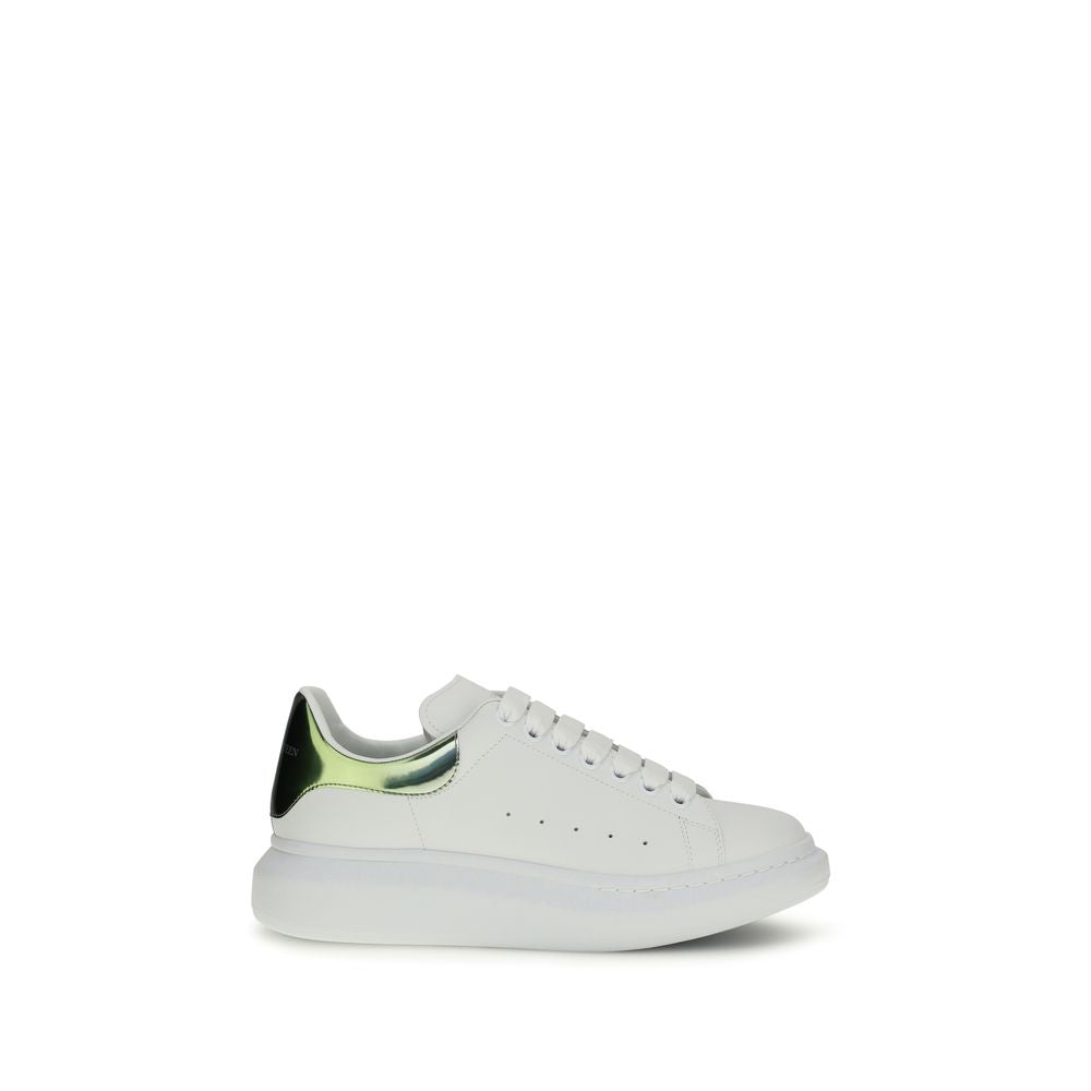 Alexander McQueen White & Metallic Green Leather Oversized Platform Sneakers