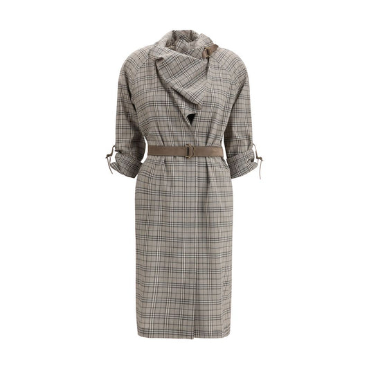 Burberry Gray Wool Check Dress with Shawl Collar