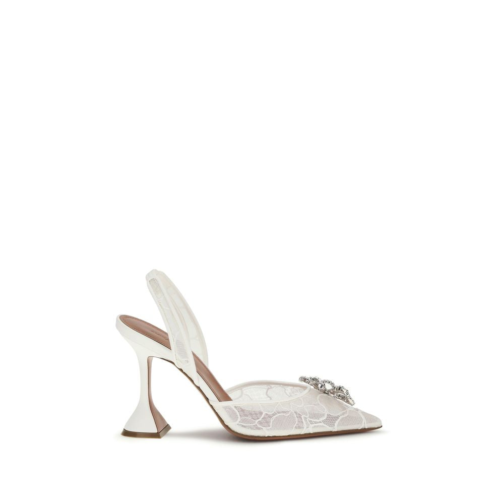 Amina Muaddi Rosie White Ivory Lace-Embellished Slingback Pumps