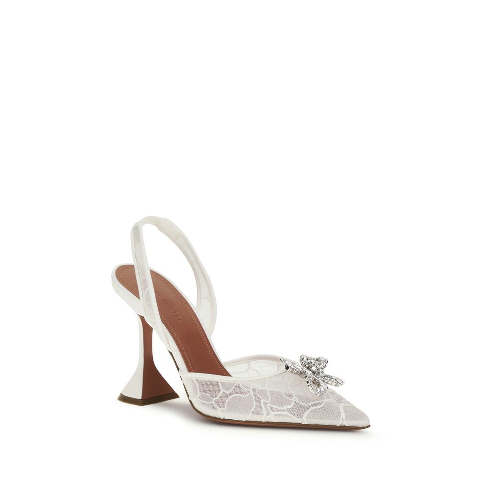 Amina Muaddi Rosie White Ivory Lace-Embellished Slingback Pumps