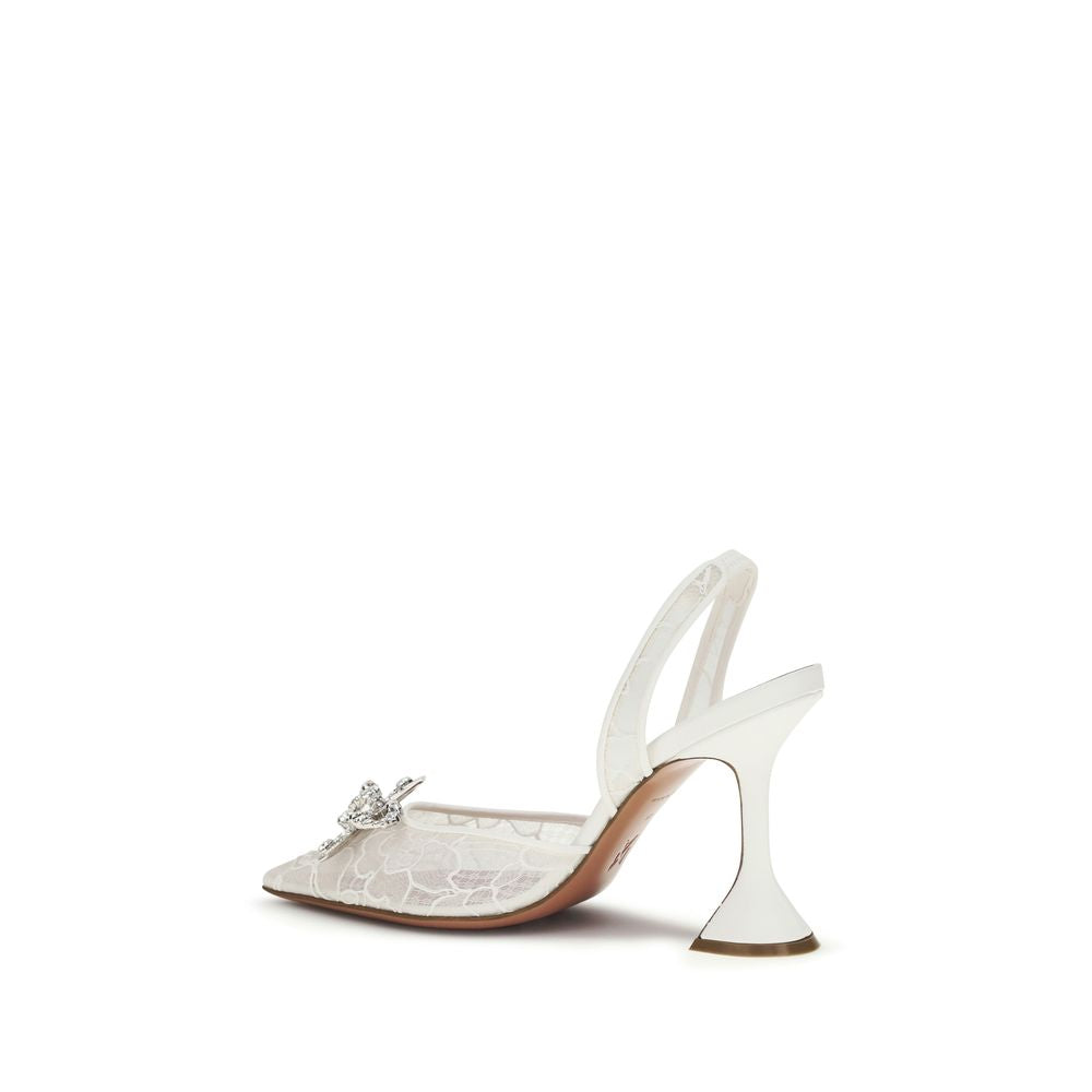 Amina Muaddi Rosie White Ivory Lace-Embellished Slingback Pumps