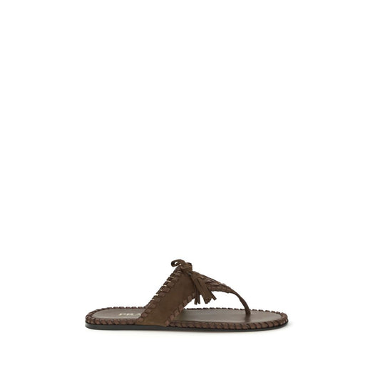 Prada Brown Calf Leather Suede Leather Sandals with Nappa Embroidery