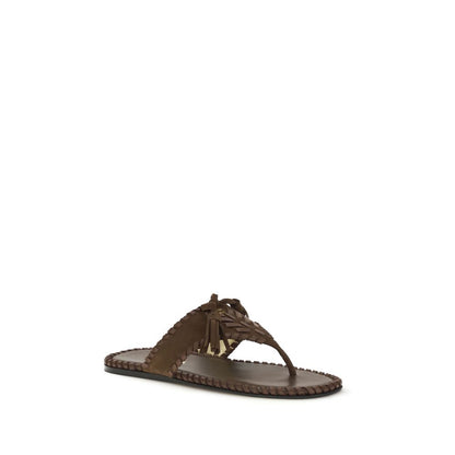 Prada Brown Calf Leather Suede Leather Sandals with Nappa Embroidery
