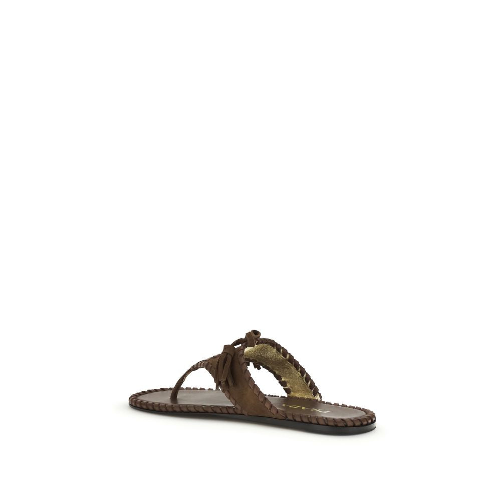 Prada Brown Calf Leather Suede Leather Sandals with Nappa Embroidery