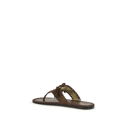 Prada Brown Calf Leather Suede Leather Sandals with Nappa Embroidery