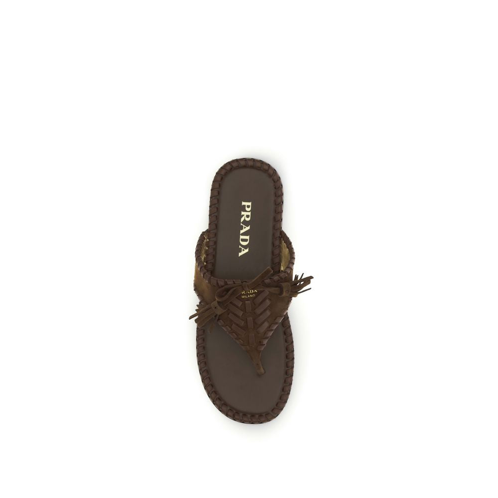 Prada Brown Calf Leather Suede Leather Sandals with Nappa Embroidery