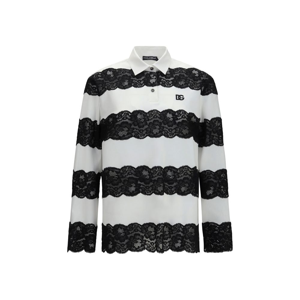 Dolce & Gabbana White & Black Lace Cotton Polo Shirt