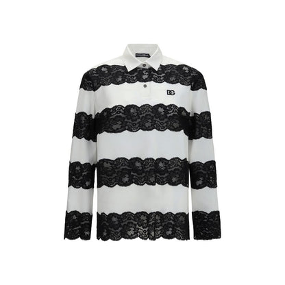 Dolce & Gabbana White & Black Lace Cotton Polo Shirt